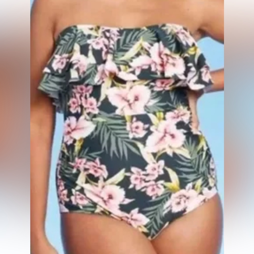 Kona Sol Floral 1-Piece Swimsuit. Pink/Green Floral. Removable Strap. Size 26W